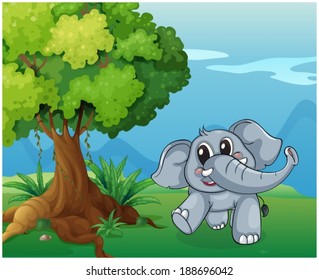 Illustration of an elephant beside the tree