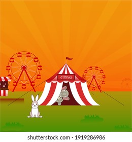 Illustration Of Elephant In Circus Tent With Rabbit, Ferris Wheel On Orange And Green Background.