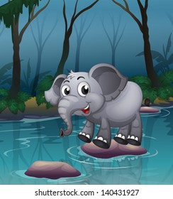Illustration of an elephant crossing the river by means of the big stones