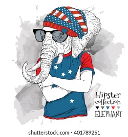 Illustration of elephant dressed up in the glasses and in the t-shirt with print of USA flag. Vector illustration.