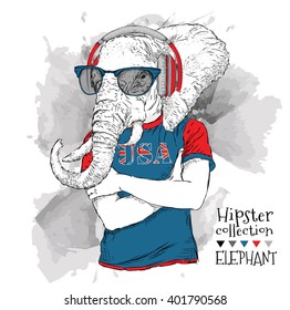 Illustration of elephant dressed up in the glasses and in the t-shirt with print of USA flag. Vector illustration.