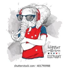 Illustration of elephant dressed up in the glasses and in the t-shirt with print of USA flag. Vector illustration.