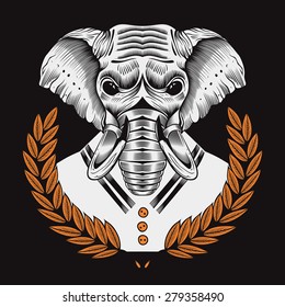 Illustration of elephant, framed by laurel branches in sailor suit on black background. 