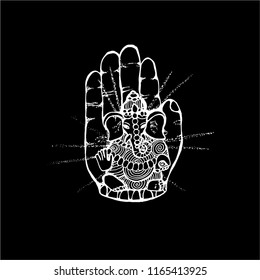 Illustration of an elephant ganesha, a Hindu god. Black and white drawing