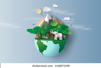 illustration of elephant in green trees forest,Creative Origami design world environment and earth day concept idea.Landscape Wildlife in green nature plant by rainbow pastel.paper cut,craft.vector