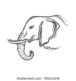 Illustration "Elephant head" was created in black and white colors.  Painted image is isolated on white background.