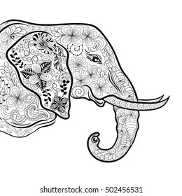 Illustration "Elephant head" was created in doodling style in black and white colors. Painted image is isolated on white background. It  can be used for coloring books for adult and other decorations.