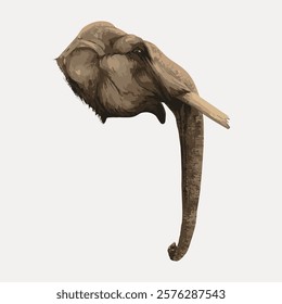 Illustration of an elephant head with a long trunk. The elephant's trunk is prominent. The elephant's head is detailed. The elephant is majestic. Vintage art drawing, isolated vector element.