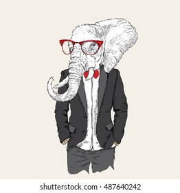 Illustration of elephant hipster dressed up in jacket, pants and sweater. Vector illustration