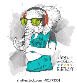 Illustration of elephant hipster dressed up in t-shirt, pants and  in the glasses and headphones. Vector illustration.