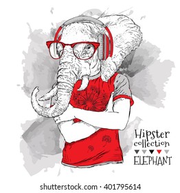 Illustration of elephant hipster dressed up in t-shirt, pants and  in the glasses and headphones. Vector illustration.