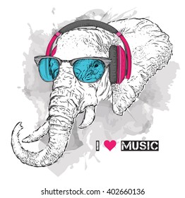 Illustration of elephant hipster dressed up in t-shirt, pants and  in the glasses and headphones. Vector illustration.