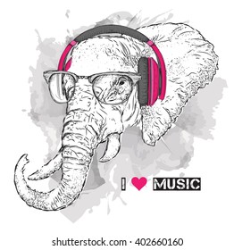 Illustration of elephant hipster dressed up in t-shirt, pants and  in the glasses and headphones. Vector illustration.