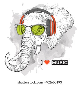 Illustration of elephant hipster dressed up in t-shirt, pants and  in the glasses and headphones. Vector illustration.