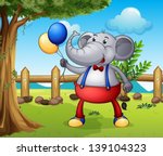 Illustration of an elephant holding balloons