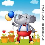 Illustration of an elephant holding balloons with pots of flower at the back