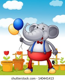 Ilustração de um elefante segurando balões com vasos de flor no fundo