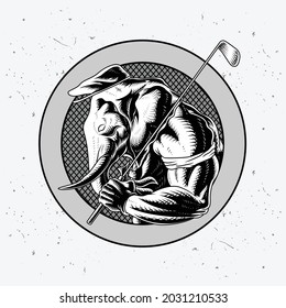 illustration of an elephant holding a golf club and wearing a flat hat and scarf, this illustration with a dashing and elegant engraving style is perfect for a golf-related logo