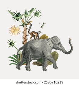 Illustration of an elephant with a lemur on its back, surrounded by tropical plants and a dragonfly. Elephant, lemur, and tropical theme in a whimsical style. Vintage animal illustration vector.