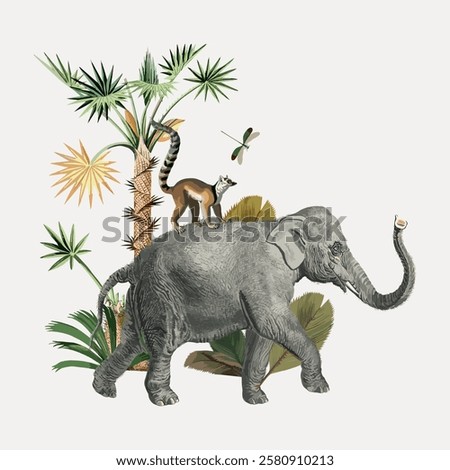 Illustration of an elephant with a lemur on its back, surrounded by tropical plants and a dragonfly. Elephant, lemur, and tropical theme in a whimsical style. Vintage animal illustration vector.