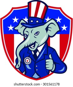 Illustration of an elephant mascot wearing hat and suit showing thumbs up set inside shield with USA American stars and stripes in background done in cartoon style. 