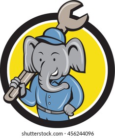 Illustration of an elephant mechanic holding spanner on shoulder viewed from front set inside circle on isolated background done in cartoon style. 