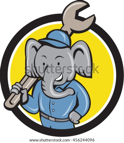 Illustration of an elephant mechanic holding spanner on shoulder viewed from front set inside circle on isolated background done in cartoon style. 