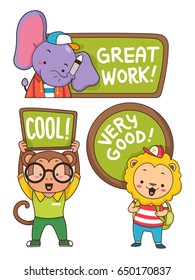 Illustration of an Elephant, Monkey and Lion Students holding Compliments