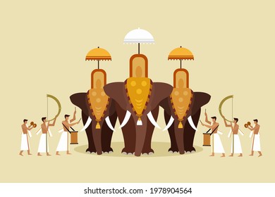 Illustration of elephant pageant with people playing percussion instruments. A scene from Kerala's religious festival 