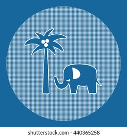 Illustration with elephant and palm tree. Checkered background. Silhouettes. Monochrome. Vector. Logo art.