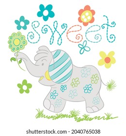 illustration of elephant plush with flowers and grass