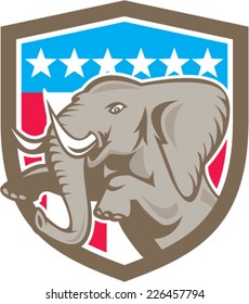 Illustration of an elephant prancing looking to the side set inside shield crest with stars and strips in the background done in retry style. 