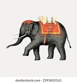 Illustration of an elephant with a red and gold decorative cloth. The elephant is adorned with a saddle. The elephant is depicted in a walking pose. Vintage animal illustration vector.