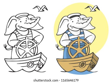 illustration an elephant sailor swims by boat on the sea