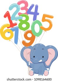 Illustration of an Elephant Sitting and Holding Number Balloons from Zero to Nine