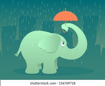 Abbildung eines Elefanten, der im Regen unter einem winzigen Schirm steht/Vektorelefant mit Schirm