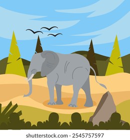 Illustration of an elephant standing in a scenic landscape with tall trees, hills, and a bright sky with birds flying above.