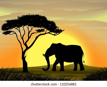 illustration of a Elephant standing under a tree