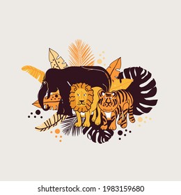 illustration with elephant, tiger, lion and tropical leaves