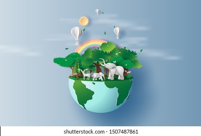 illustration of elephants in forest,Creative Origami design world environment and earth day paper cut and craft concept.Landscape Wildlife animal with Deer in nature by rainbow and balloons.vector.