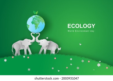 illustration of elephants in forest,Creative Origami design world environment and earth day. paper cut and craft concept.Landscape Wildlife animal with elephants lovers heart in nature by meadow.