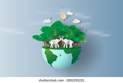 illustration of elephants in forest,Creative Origami design world environment and earth day. paper cut and craft concept.Landscape Wildlife animal with elephants lovers heart in nature by rainbow.