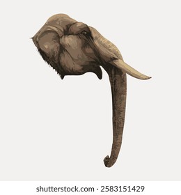 Illustration of an elephant's head with a long trunk. The elephant's trunk is prominent. Elephant's head is detailed. Elephant illustration on a plain background. Vintage animal illustration vector.an