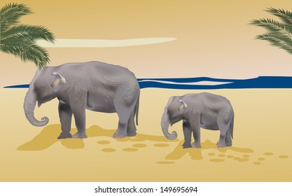 illustration with elephants in sand desert