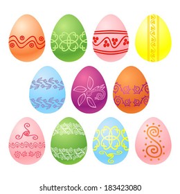 Illustration of eleven easter eggs on a white background