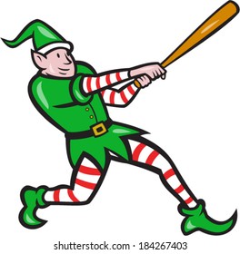 Illustration of an elf  baseball player batter hitter batting with bat done in cartoon style isolated on white background.
