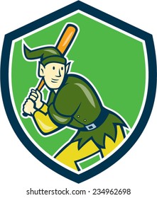 Illustration of an elf  baseball player batter hitter batting with bat done in cartoon style set inside shield crest on isolated background. 