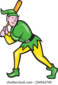 Illustration of an elf  baseball player batter hitter batting with bat done in cartoon style isolated on white background.