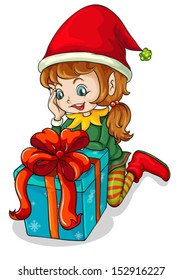 Illustration of an elf beside a gift on a white background
