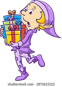 The illustration of the elf boy bring the purple costume and holding a lot of the gift with the colorful ribbon